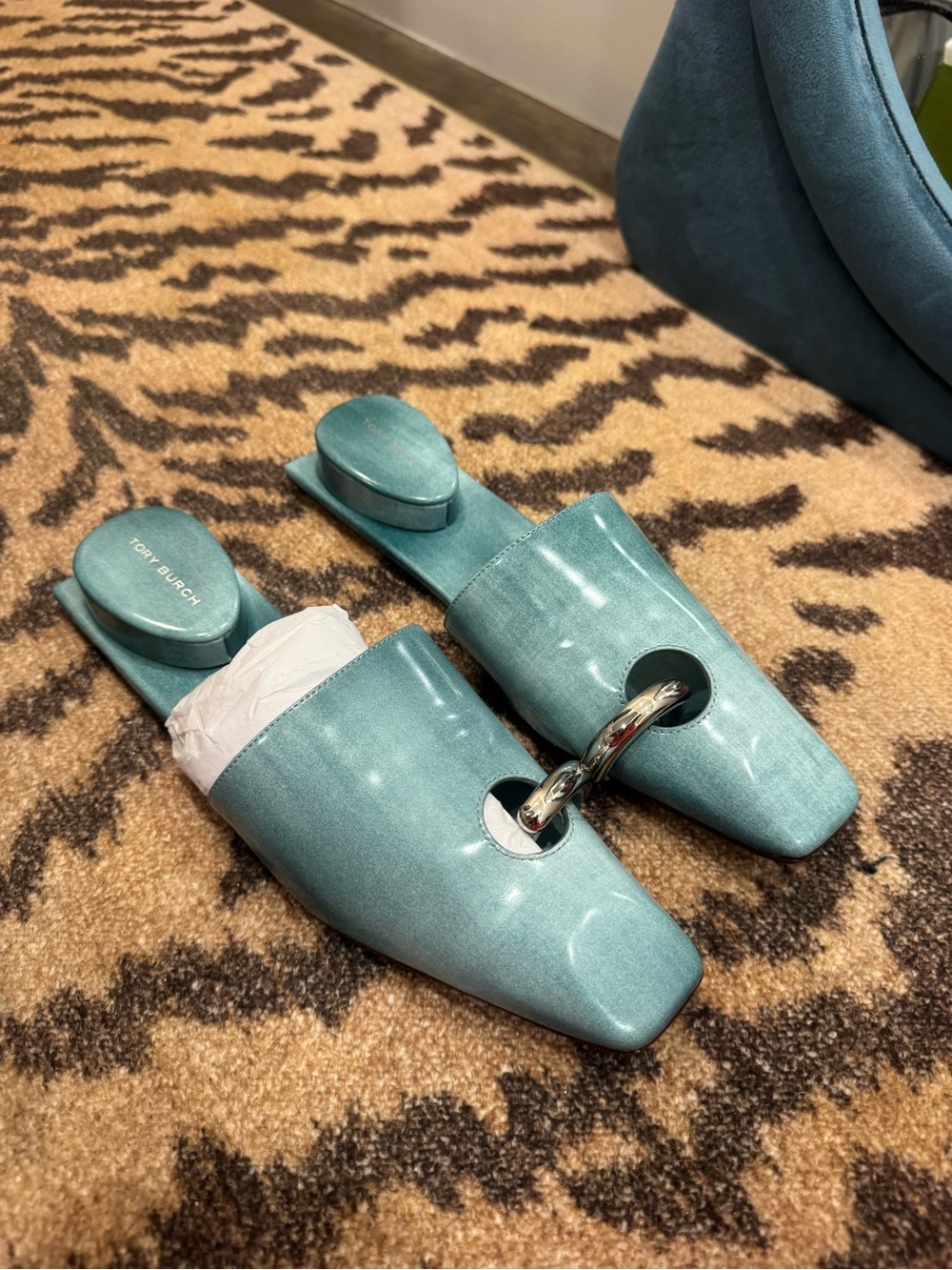 Tory Burch Metallic Aqua Ring-Detail Slide Mules